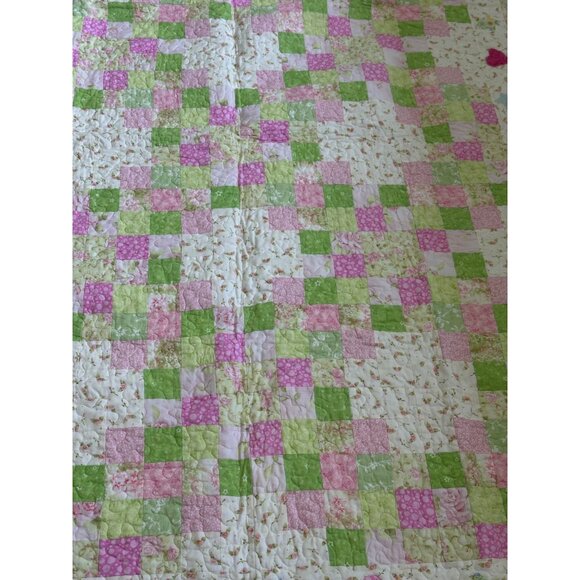 Handmade Patchwork Baby Quilt Pink & Green Floral /Star / Heart Reversible - Picture 15 of 16